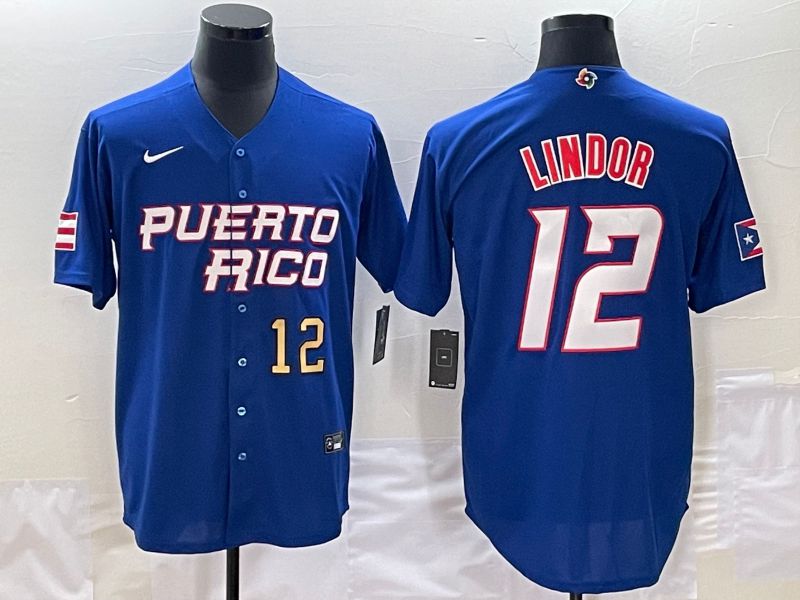 Men 2023 World Cub Puerto Rico 12 Lindor Blue Nike MLB Jersey4